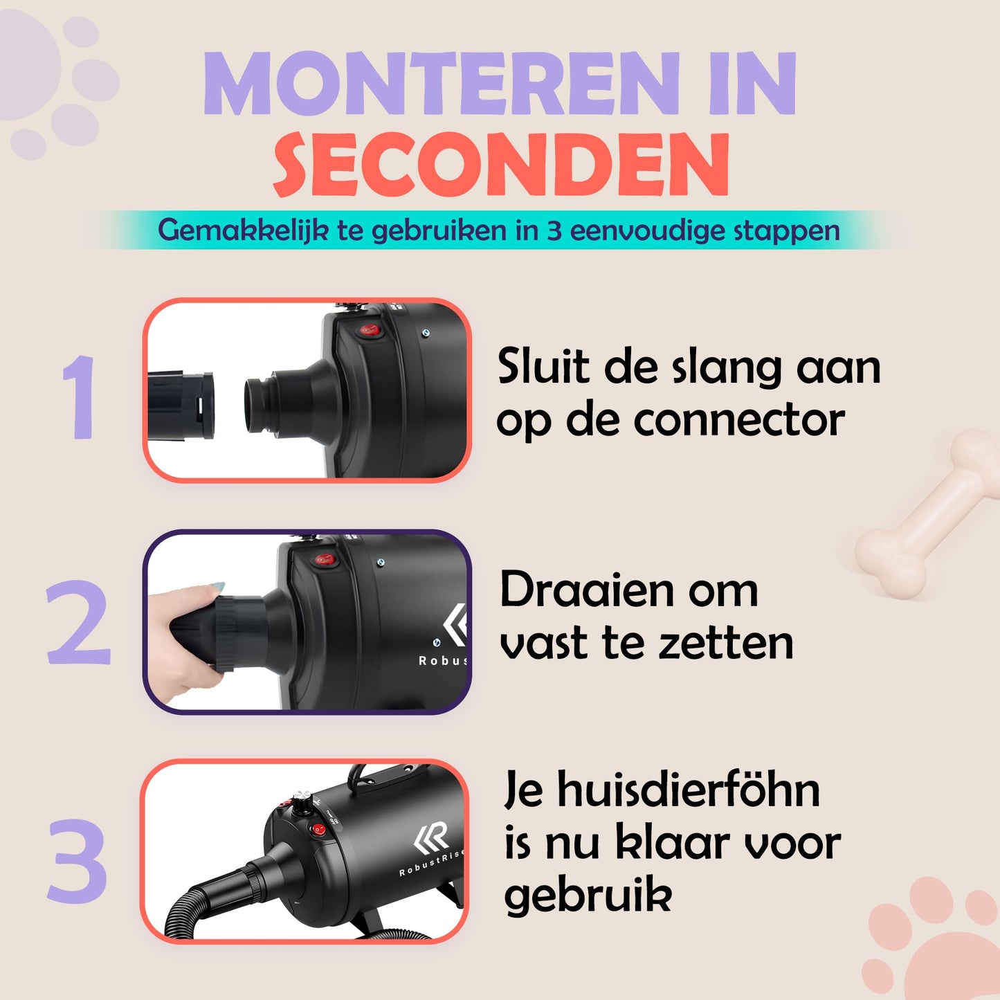 Waterblazer Hond monteren in seconden – 3 stappen handleiding hondenfohn | Robustrise
