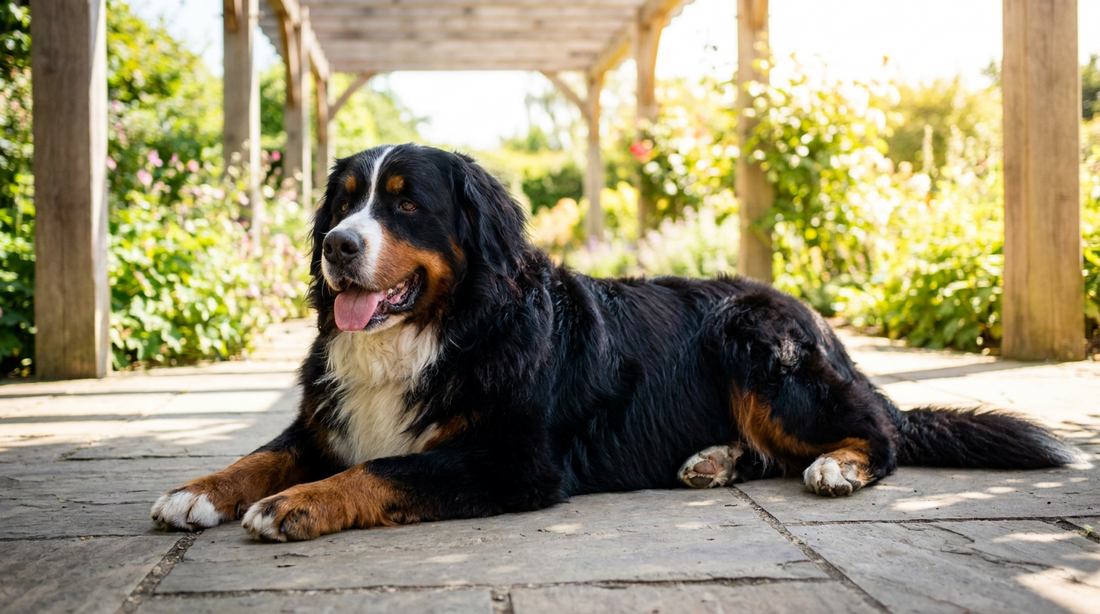 Berner sennenhond met volle dubbele vacht ligt in de schaduw van een pergola op een warme zomerdag