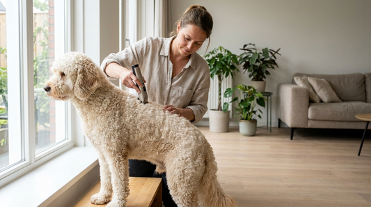 Vrouw trimt de rug van een creme labradoodle op een trimtafel in een lichte woonkamer