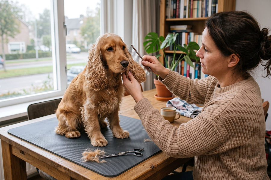 Cocker spaniel op een antislipmat aan de eettafel, zijn oorfranje wordt uitgekamd, effileerschaar ernaast