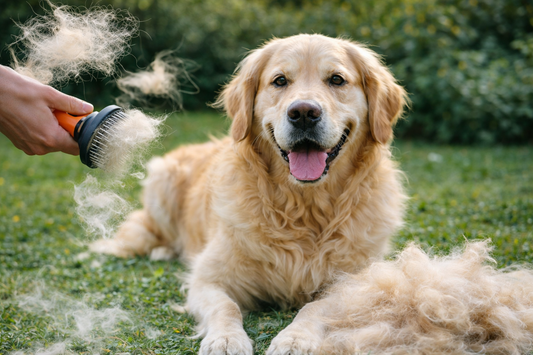 hond in de rui borstelen om losse onderwol en hondenharen te verwijderen