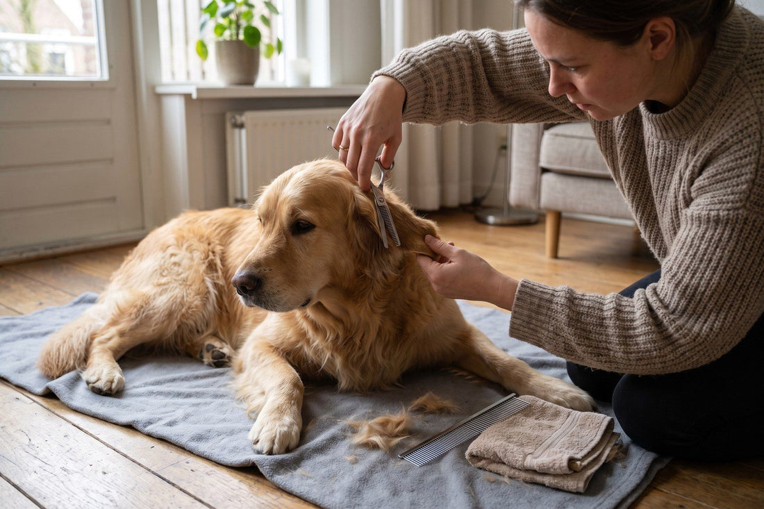 Vrouw dunt met een effileerschaar de pluis achter het oor van een liggende golden retriever uit in de woonkamer