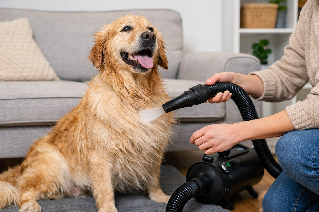 Golden retriever zit op een kleed in de woonkamer en wordt drooggeblazen met de slang van een zwarte waterblazer