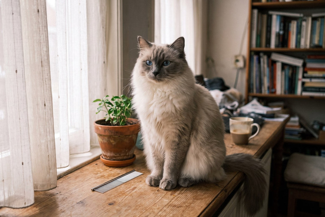 Ragdollkat met blauwe ogen zit op een houten werkblad bij het raam, naast een metalen kam, met boeken en een kopje erachter