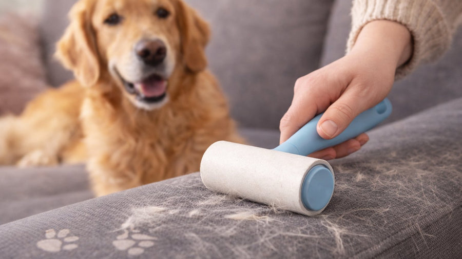Hand rolt een kleefroller met blauw handvat over een grijze bank vol hondenharen, een golden retriever kijkt toe