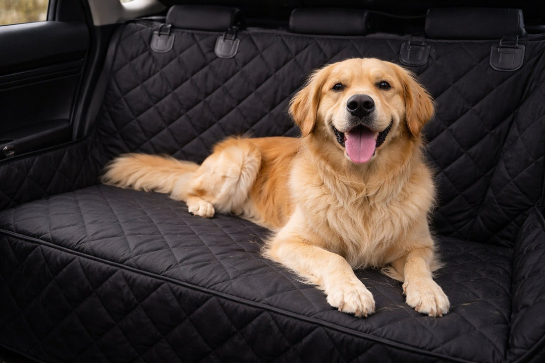 Golden retriever ligt op een zwarte, doorgestikte hondendeken over de zitting en rugleuning van de achterbank van een auto