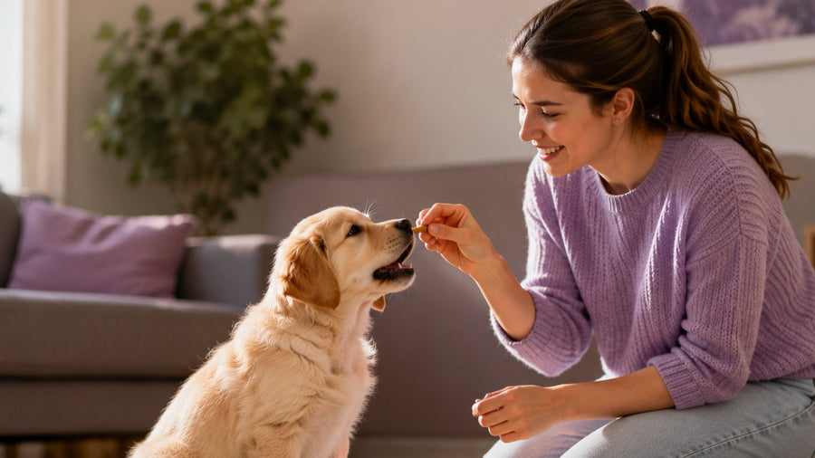 Vrouw in een lila trui beloont een golden retriever-pup met een snoepje in de woonkamer