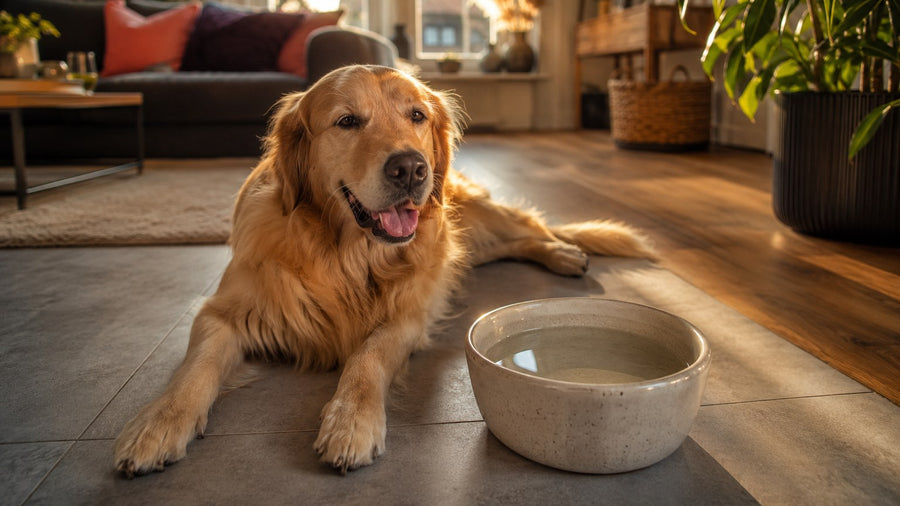 Golden retriever ligt op een koele tegelvloer in de woonkamer naast een stenen bak met vers water