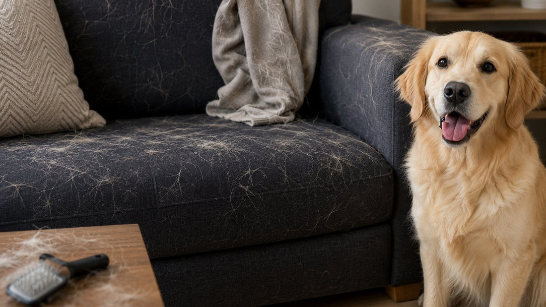 Golden retriever zit naast een donkergrijze bank vol losse hondenharen, met een borstel op de salontafel