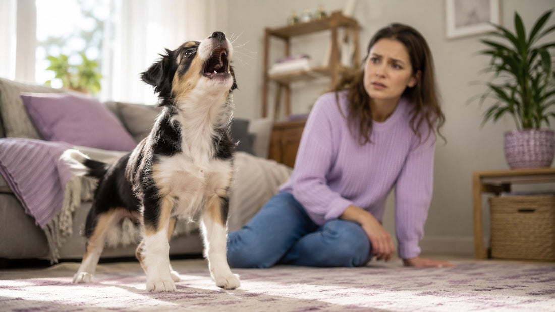 Jonge driekleurige hond blaft met opgeheven kop in de woonkamer, zijn baasje kijkt bezorgd toe