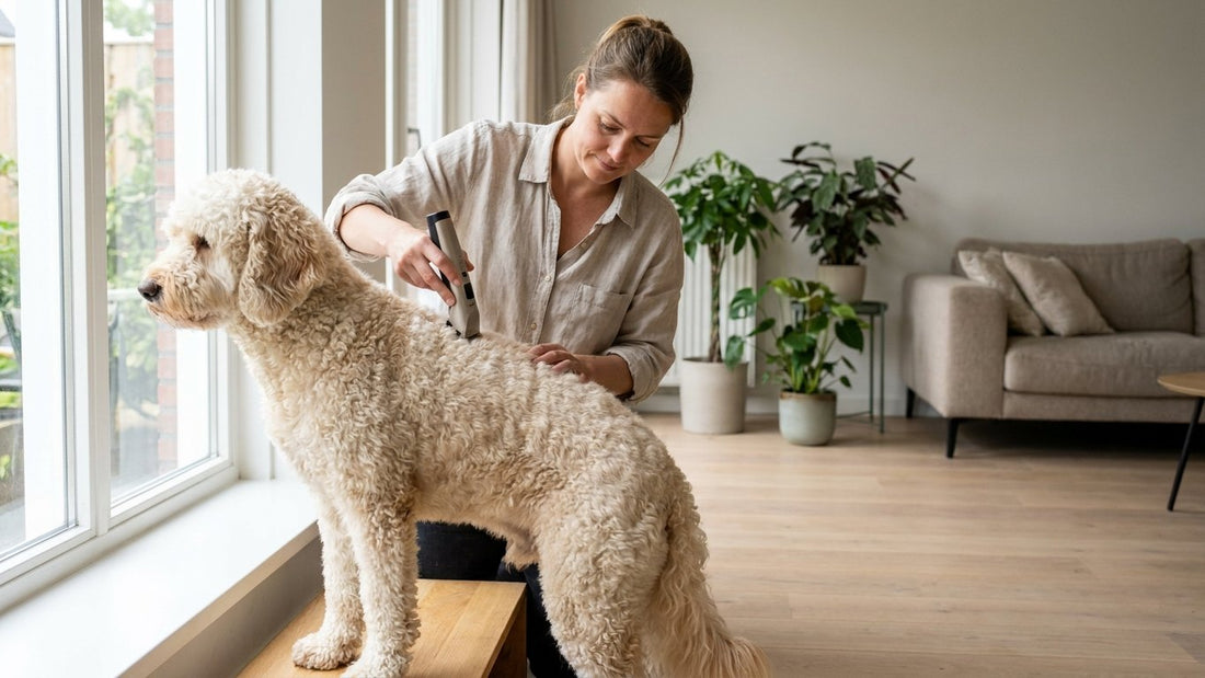 Vrouw trimt de rug van een crèmekleurige Labradoodle met een tondeuse in een lichte woonkamer