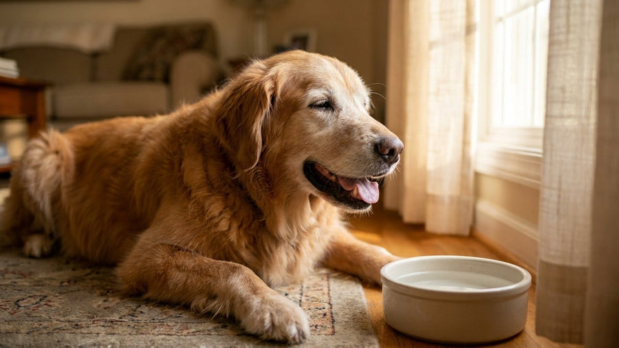 Oudere golden retriever met een grijze snuit ligt hijgend op een kleed naast een waterbak bij het raam
