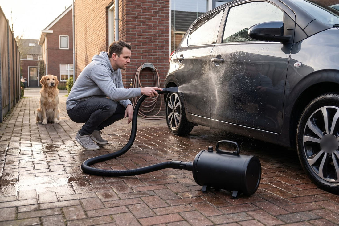 Man droogt een natte grijze auto op de oprit met de slang van een zwarte waterblazer, een golden retriever kijkt toe