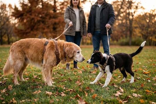 Twee honden eerste kennismaking in park, gewenningsperiode tweede hond