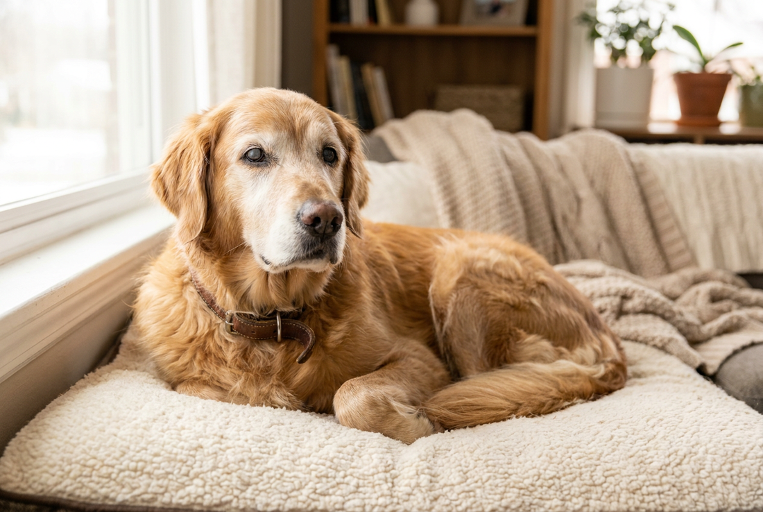 Senior hond met grijze snuit rust vredig, veranderingen na 8 jaar