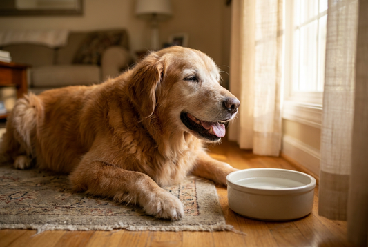 Senior hond hijgt bij open raam voor koelte, verontrust maar rustig