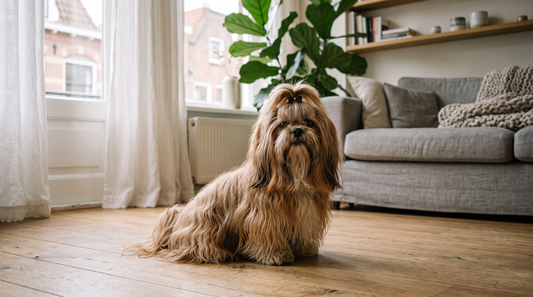 Shih Tzu met volle doorgroeivacht tot op de vloer in een Nederlandse woonkamer