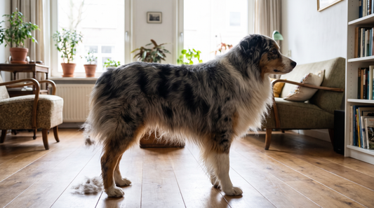 Australian Shepherd van opzij met broek en kraag duidelijk zichtbaar