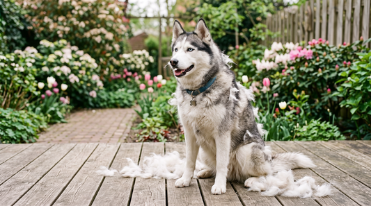 Husky met loskomende witte ondervacht tijdens de voorjaarsrui