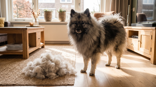 Keeshond met dichte pluimvacht en uitgekamde ondervacht ernaast