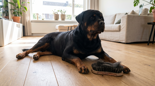 Rottweiler met een rubberen roskam vol korte losse haren ernaast