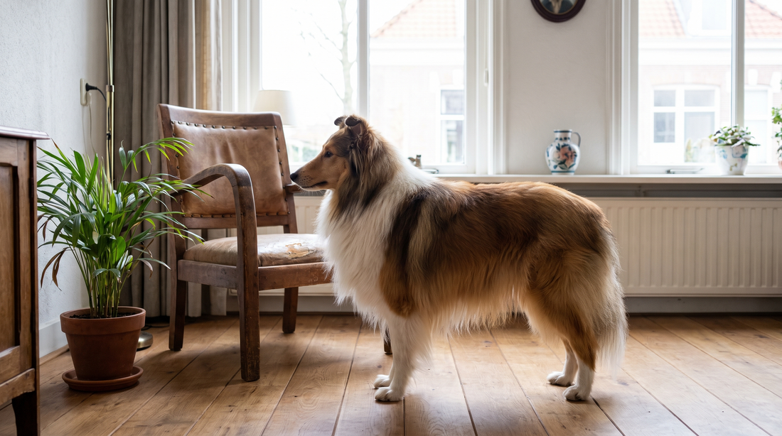 Sheltie van opzij met lange dekvacht over een dichte ondervacht