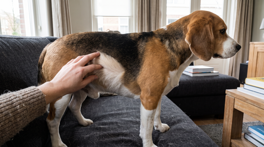 Korte vacht van een Beagle opzij geschoven met de dichte ondervacht eronder