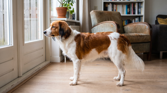 Kooikerhondje van opzij met oorpluimen, broek en vlagstaart