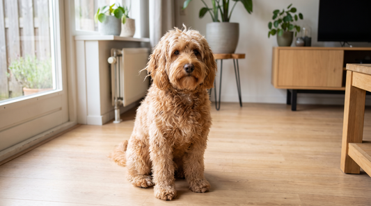 Cockapoo met uitgegroeide golvende vacht en beginnende klit achter het oor