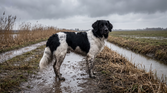 Stabijhoun met natte bevederde poten en modder na een wandeling