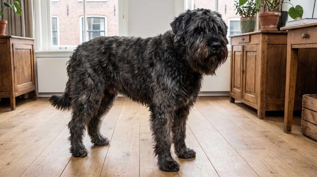 Bouvier des Flandres met ruwe donkere vacht, baard en wenkbrauwen