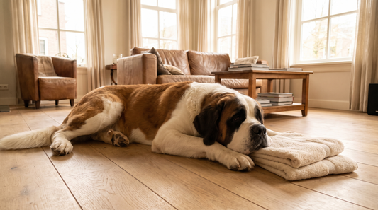 Sint-Bernard liggend in een woonkamer met twee handdoeken ernaast