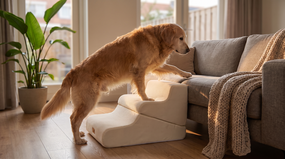 Senior Golden Retriever loopt via de Robustrise hondentrap op de bank