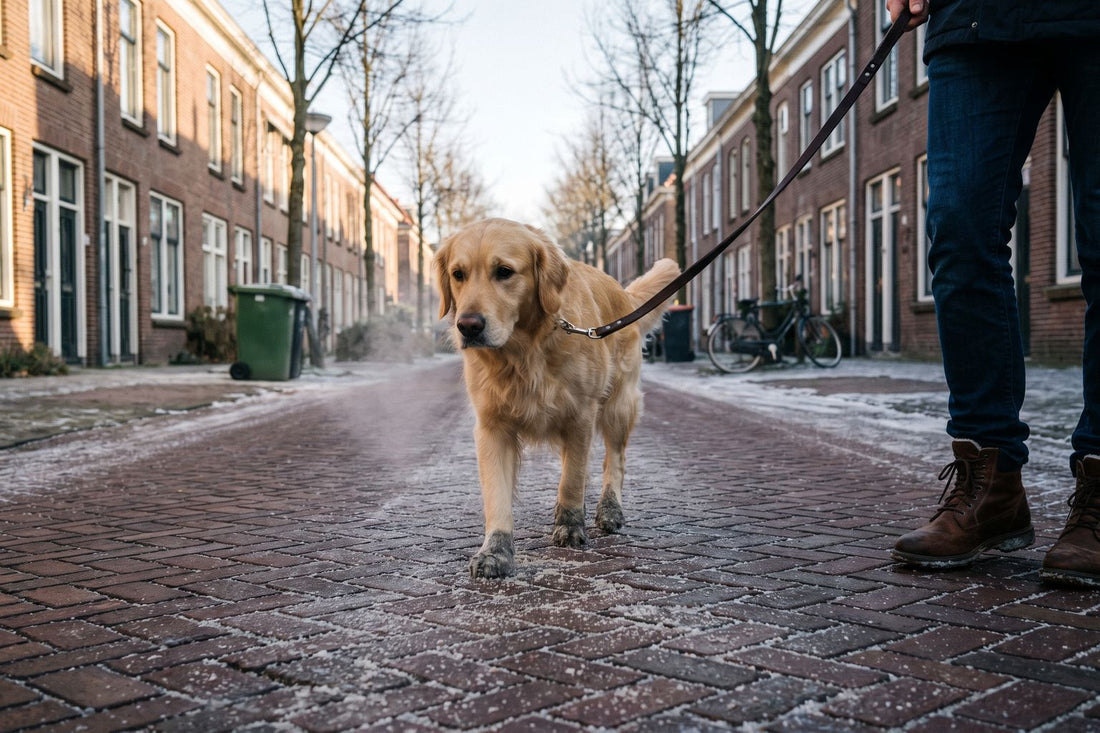 Golden retriever loopt aan de lijn over bestrooide klinkers in een Nederlandse straat op een koude winterochtend