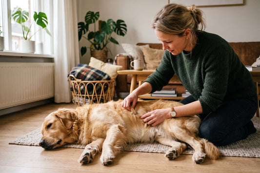 Vrouw spreidt op de woonkamervloer de vacht van een ontspannen golden retriever om de huid op kale plekken te controleren