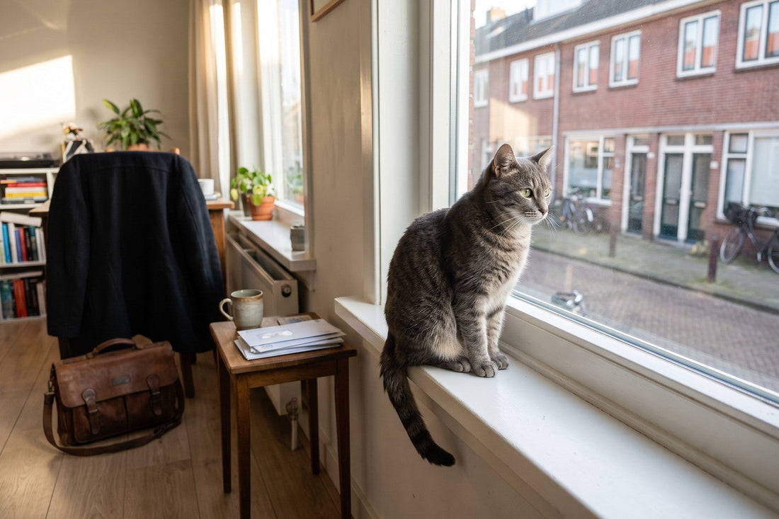 Grijs getijgerde kat zit op de vensterbank van een Nederlandse woonkamer en kijkt naar buiten, met jas en tas op de achtergrond