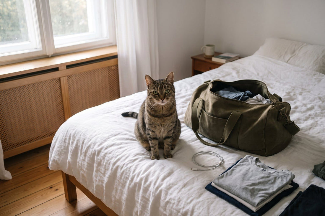 Cyperse kat zit op een bed naast een half gepakte reistas en opgevouwen shirts, ochtendlicht van links