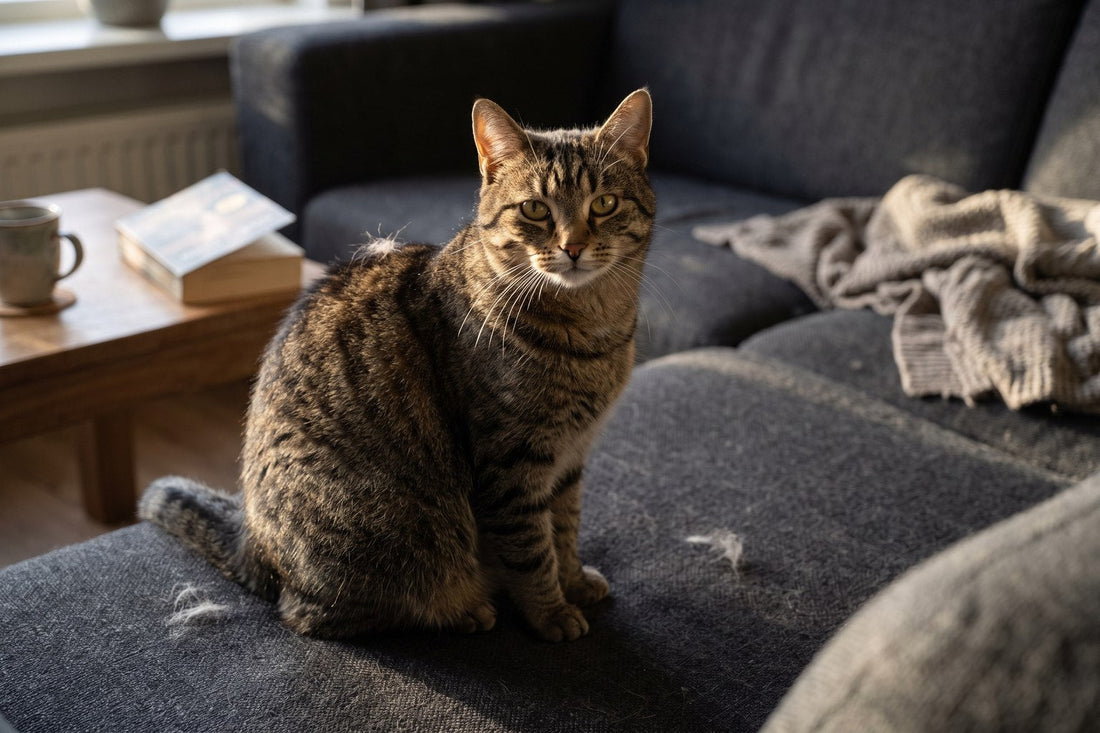 Gestreepte kat zit op een donkergrijze bank, losse plukjes vacht liggen op de zitting naast hem
