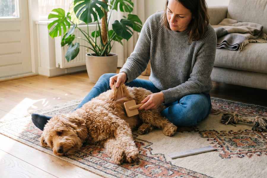 Vrouw borstelt een apricot labradoodle op een vloerkleed met een slicker, met haar andere hand tilt ze de vacht op