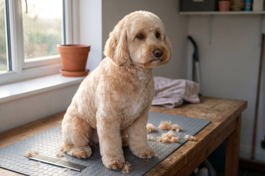 Apricotkleurige Labradoodle met een net geknipte teddy bear-kop zit op een tafel bij het raam