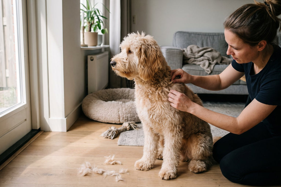 Jonge apricot labradoodle zit op een eiken vloer terwijl een vrouw de vacht bij de schouder opent, losse plukjes puppyhaar op de vloer