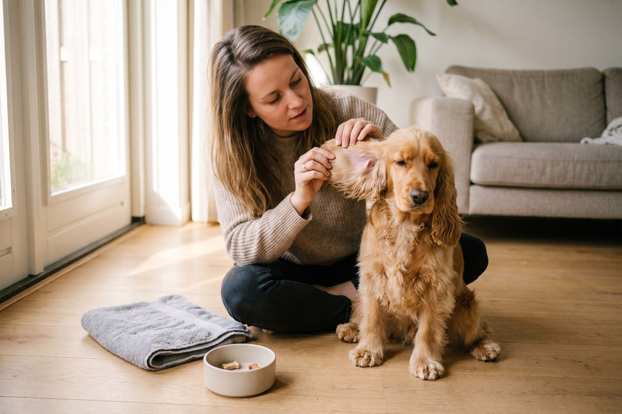 Vrouw tilt op de huiskamervloer het lange hangoor van een goudkleurige cocker spaniel op om de binnenkant te bekijken