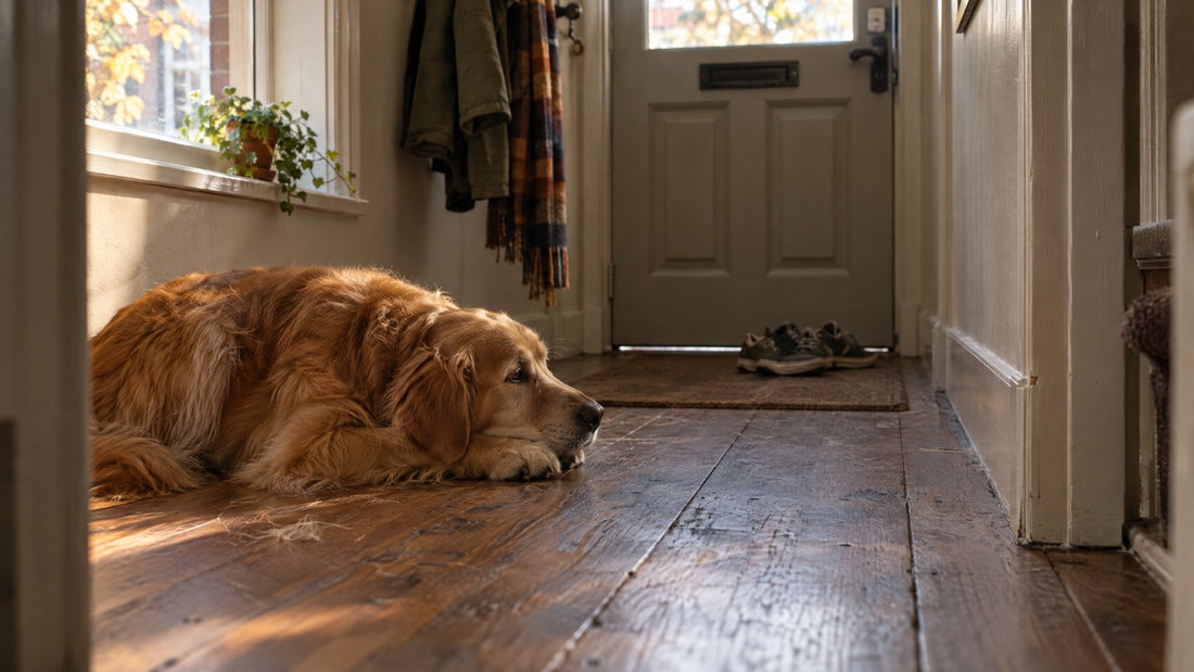 Golden retriever ligt rustig op de houten vloer van een Nederlandse gang, met de blik op de gesloten voordeur