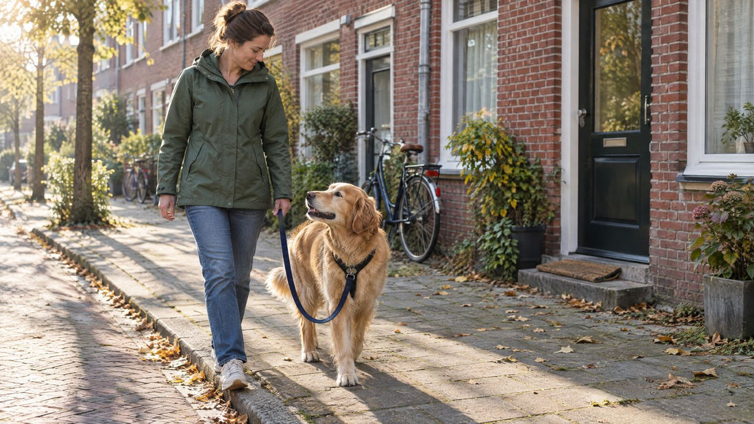 Golden retriever loopt rustig naast een vrouw aan een losse lijn door een Nederlandse straat met bakstenen huizen