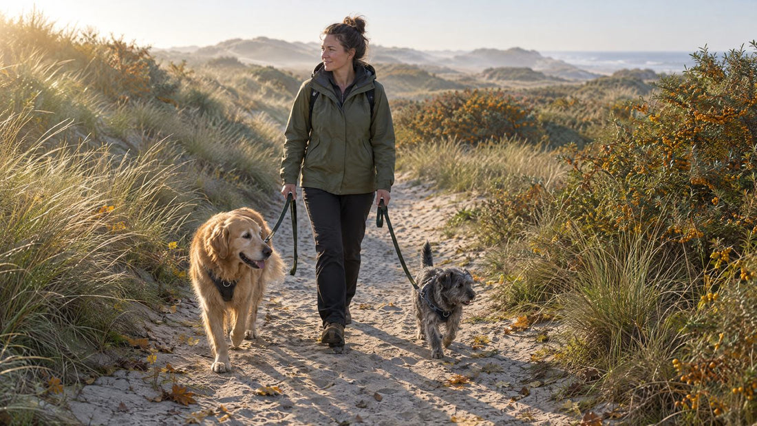 Vrouw loopt met een golden retriever en een kleine terriërmix aan losse lijnen over een zandpad door de Nederlandse duinen