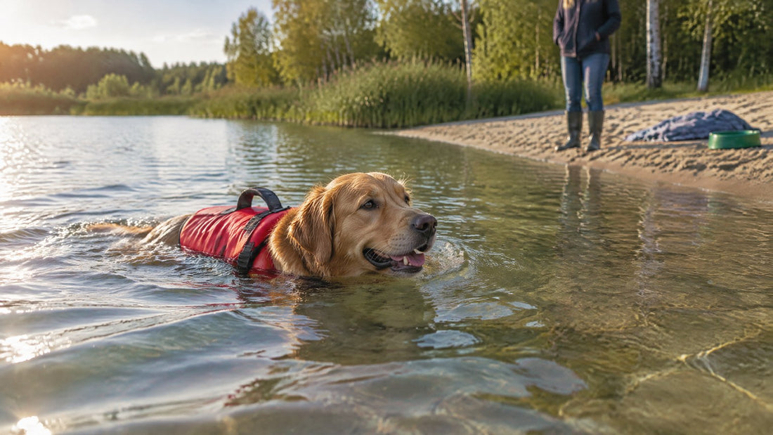 Golden retriever met rood zwemvest zwemt rustig in ondiep water vlak bij het zandstrand van een meer