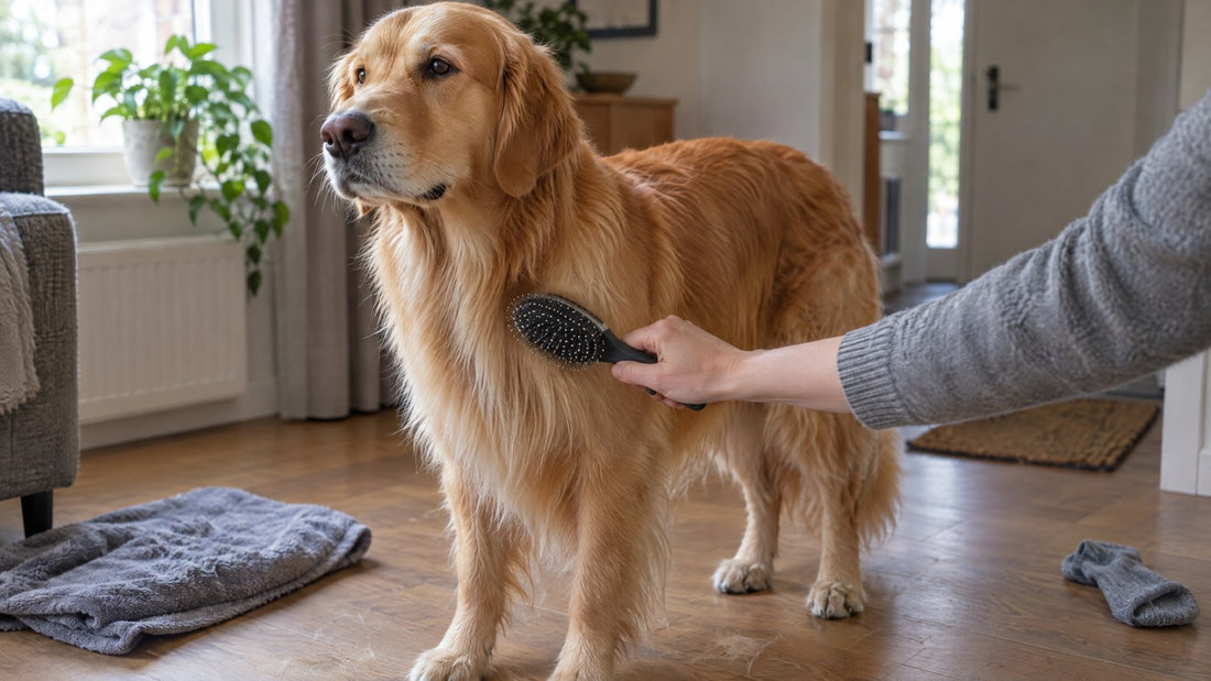 Golden retriever met zachte, bijna droge vacht wordt in de woonkamer doorgeborsteld na het wassen