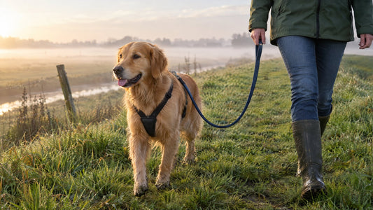 Golden retriever loopt in een zwart Y-tuig aan een slappe lijn naast een vrouw over een dijk in de ochtendmist