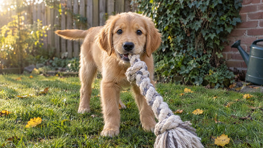 Golden retrieverpup houdt in een Nederlandse tuin het uiteinde van een dik touwspeeltje vast en kijkt in de camera