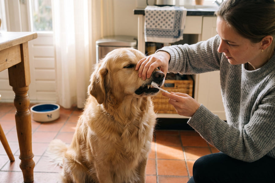 Vrouw poetst met een zachte hondentandenborstel de tanden van een ontspannen golden retriever op de keukenvloer